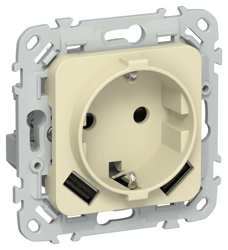 Розетка 1-м СП FLITE РСЮша11-0-ФлН 16А с USB A+A 3.1А с заземл. с защ. шторками механизм навахо IEK FI-R14-16-U21-D31-K87