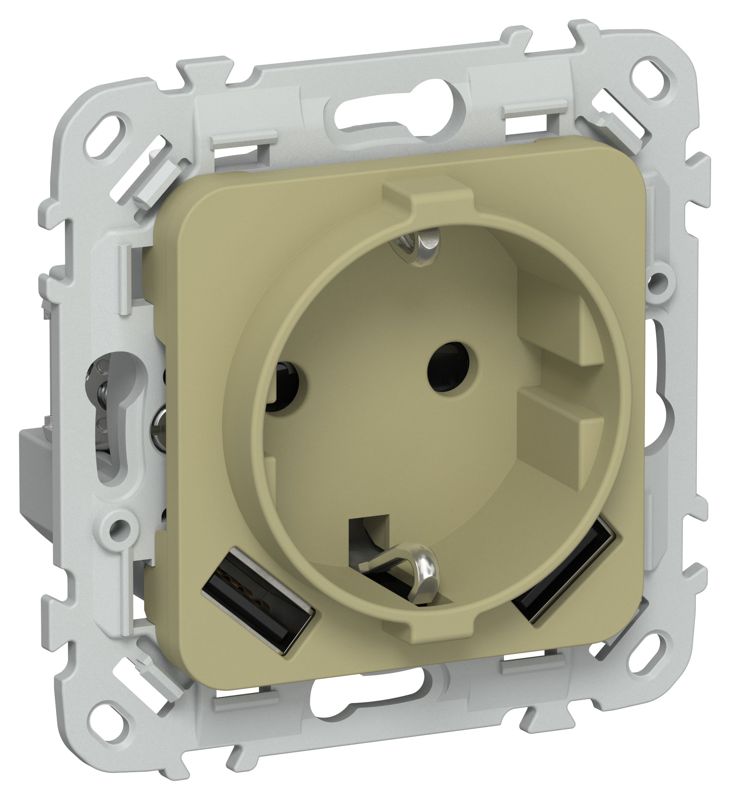 Розетка 1-м СП FLITE РСЮша11-0-ФлО 16А с USB A+A 3.1А с заземл. с защ. шторками механизм олив. IEK FI-R14-16-U21-D31-K26