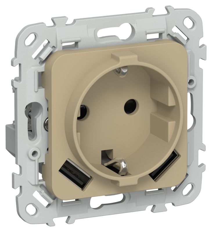 Розетка 1-м СП FLITE РСЮша11-0-ФлХ 16А с USB A+A 3.1А с заземл. с защ. шторками механизм хаки IEK FI-R14-16-U21-D31-K59
