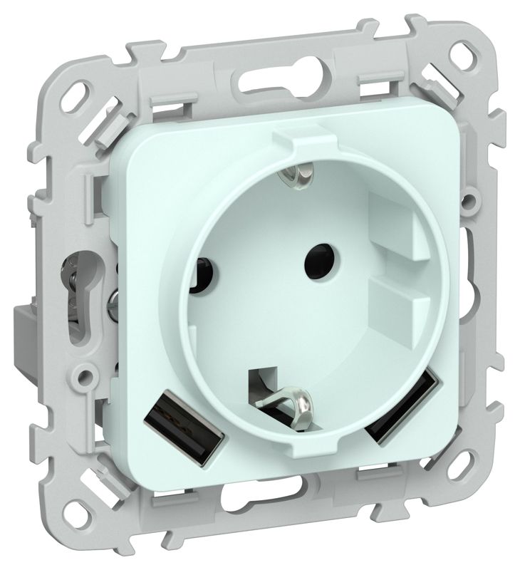 Розетка 1-м СП FLITE РСЮша11-0-ФлХЛ 16А с USB A+A 3.1А с заземл. с защ. шторками механизм холод. лед IEK FI-R14-16-U21-D31-K94