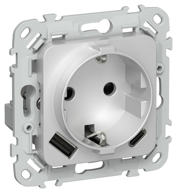 Розетка 1-м СП FLITE РСЮшс11-1-ФлА 16А с USB A+C 20Вт с заземл. с защ. шторками безвинтовое крепление механизм алюм. IEK FI-R14-16-1-U22-020-K47