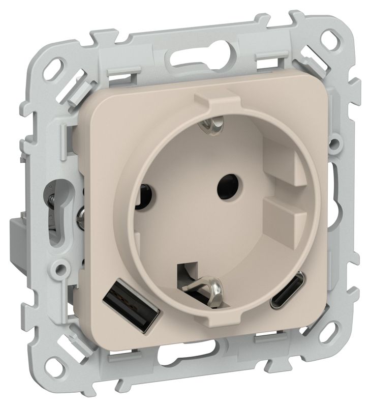 Розетка 1-м СП FLITE РСЮшс11-1-ФлЛ 16А с USB A+C 20Вт с заземл. с защ. шторками безвинтовое крепление механизм льняной IEK FI-R14-16-1-U22-020-K88