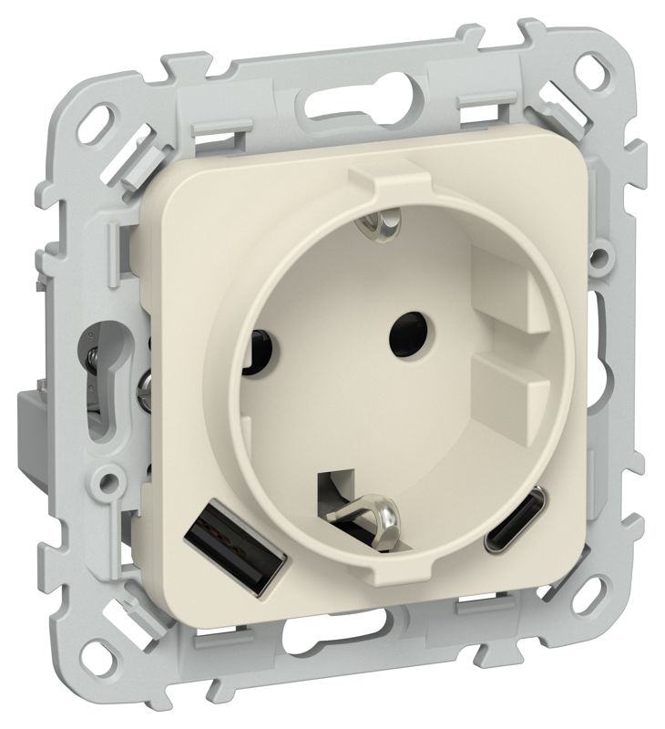 Розетка 1-м СП FLITE РСЮшс11-1-ФлСл 16А с USB A+C 20Вт с заземл. с защ. шторками безвинтовое крепление механизм сливочный IEK FI-R14-16-1-U22-020-K86