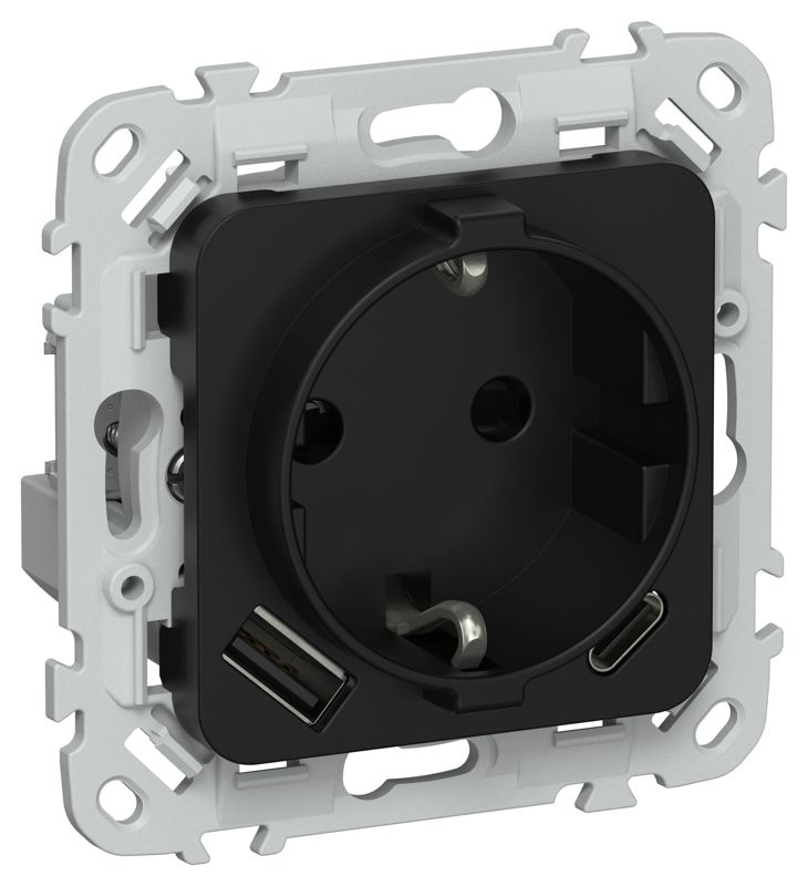 Розетка 1-м СП FLITE РСЮшс11-1-ФлЧ 16А с USB A+C 20Вт с заземл. с защ. шторками безвинтовое крепление механизм черн. IEK FI-R14-16-1-U22-020-K02