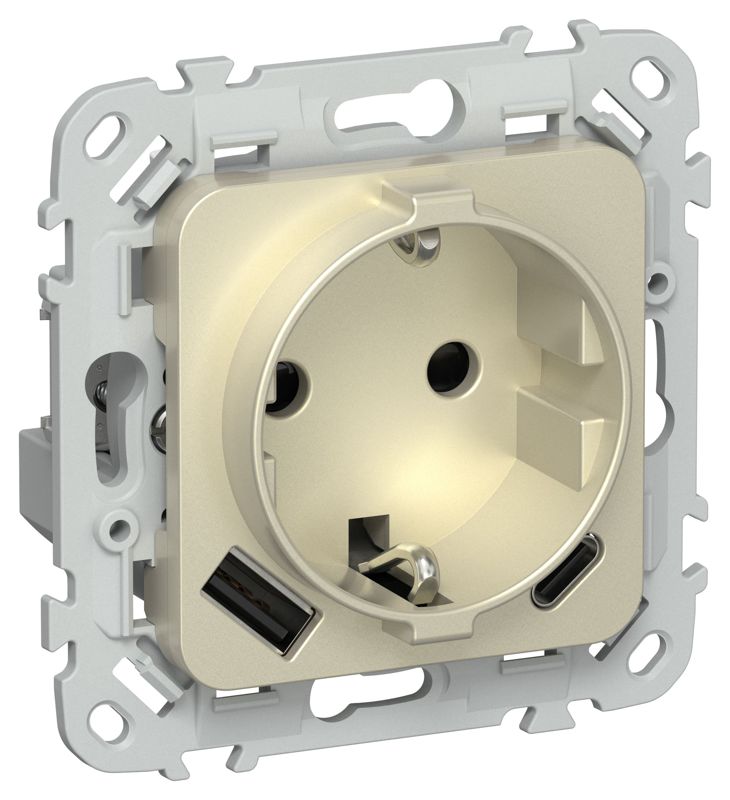 Розетка 1-м СП FLITE РСЮшс11-1-ФлШ 16А с USB A+C 20Вт с заземл. с защ. шторками безвинтовое крепление механизм шампань IEK FI-R14-16-1-U22-020-K37