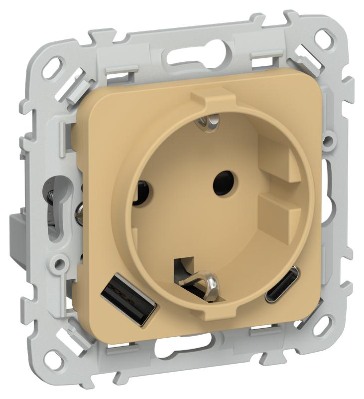 Розетка 1-м СП FLITE РСЮшс11-1-ФлШм 16А с USB A+C 20Вт с заземл. с защ. шторками безвинтовое крепление механизм шамуа IEK FI-R14-16-1-U22-020-K89