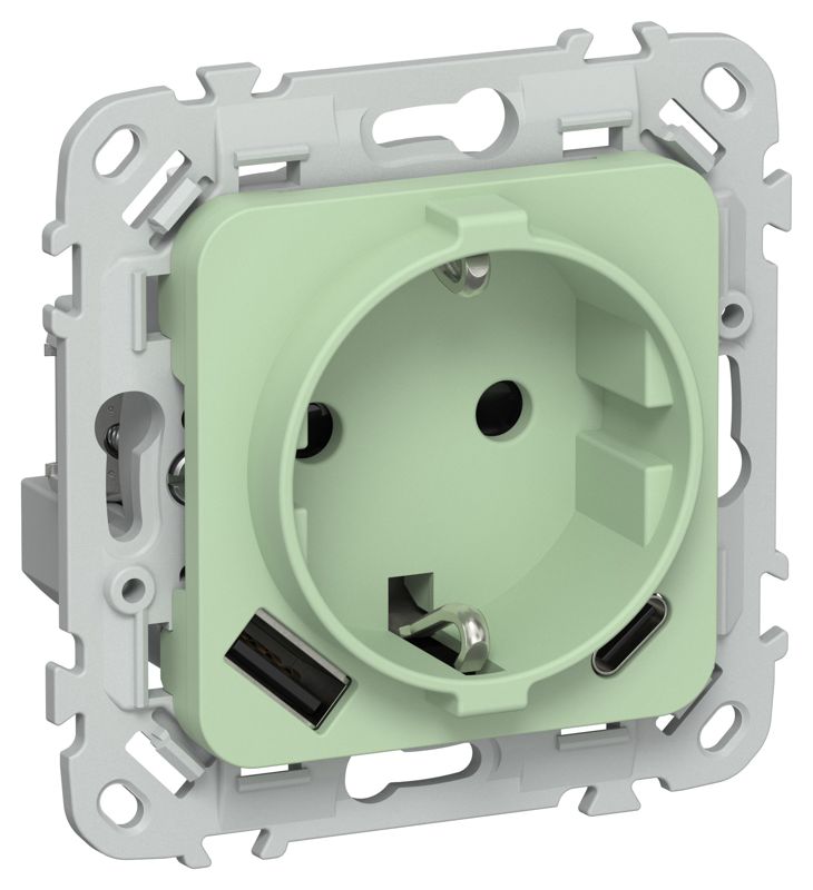 Розетка 1-м СП FLITE РСЮшс11-0-ФлФ 16А с USB A+C 20Вт с заземл. с защ. шторками механизм фисташк. IEK FI-R14-16-U22-020-K93