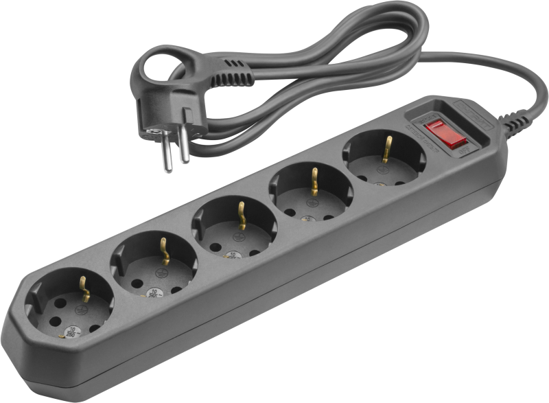 Удлинитель с сетевым фильтром 5х1.8м 10А IP20 2.2кВт ПВС 3х0.75 с выкл. с инд. сети черн. ОНЛАЙТ 90778