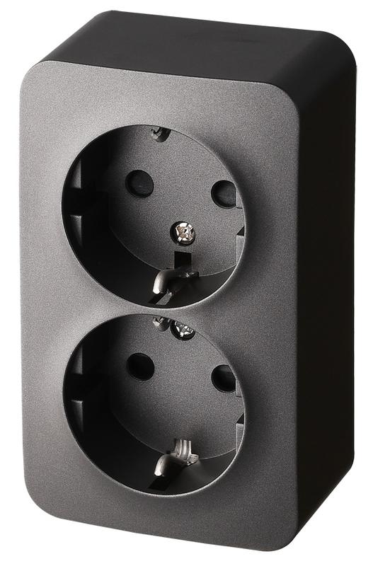 Розетка 2-м ОП 16А IP20 с заземл. защ. шторки антрацит Jasmart FS5504B