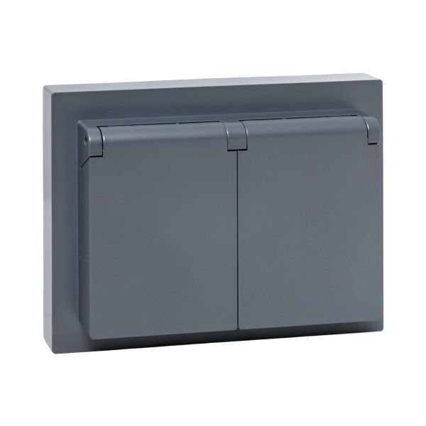 Розетка 2-м СП Эпика 16А IP44 с заземл. защ. шторки с рамкой с крышками механизм графит EKF UP1-SOG-211-44