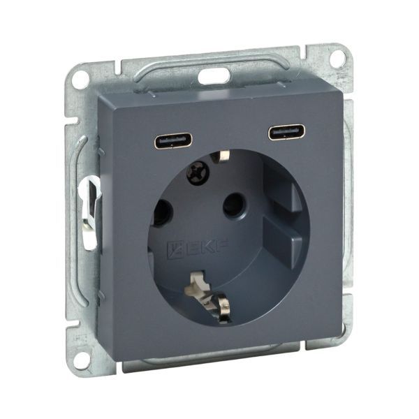 Розетка СП Эпика 16А с 2 USB-C с заземл. защ. шторки механизм графит EKF UP1-SOG-111-2USBC