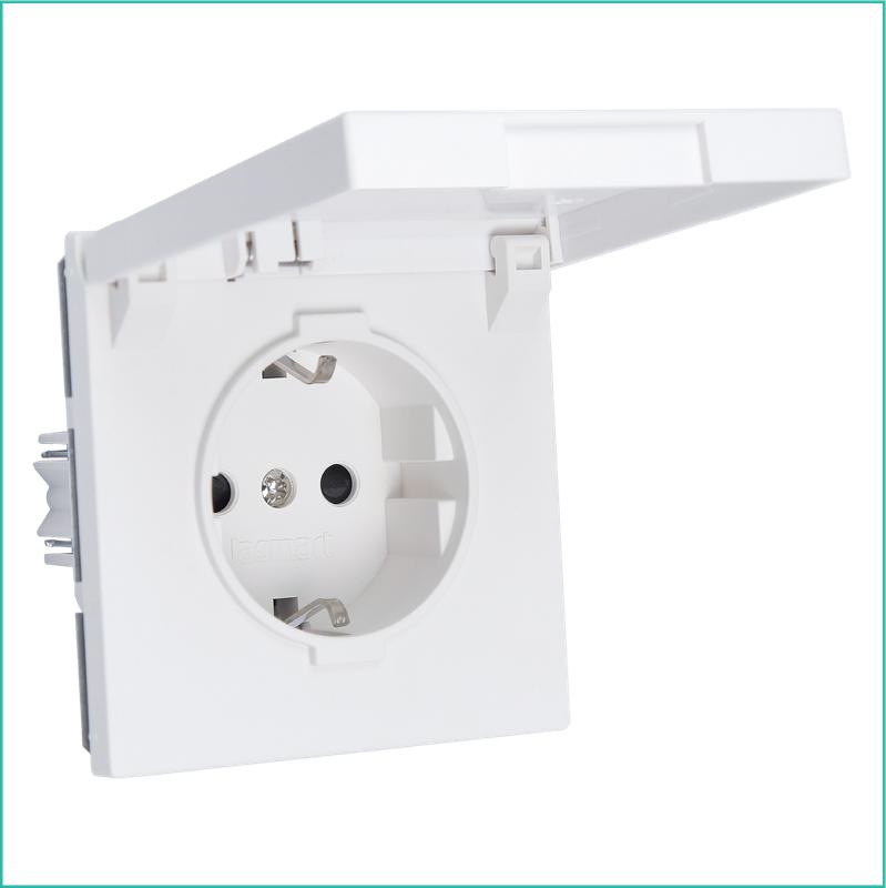 Розетка 1-м СП FD Shuko 16А IP20 с заземл. защ. шторки с крышкой механизм бел. матов. soft touch Jasmart FD5505PWM