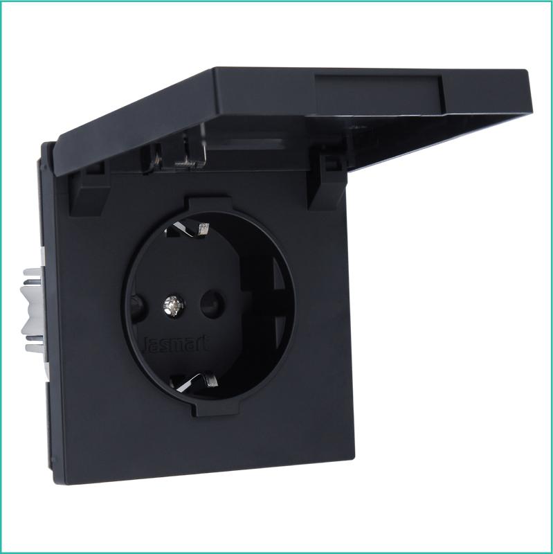 Розетка 1-м СП FD Shuko 16А IP20 с заземл. защ. шторки с крышкой механизм черн. матов. soft touch Jasmart FD5505PBM