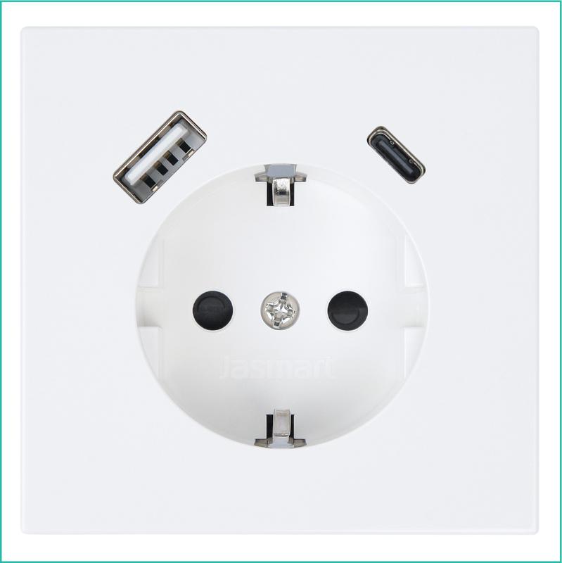 Розетка СП FD Shuko 16А с заземл. защ. шторки с 2-мя заряд. устр. USB тип A+C 25Вт механизм бел. глянцевый Jasmart FD5501USB-25W