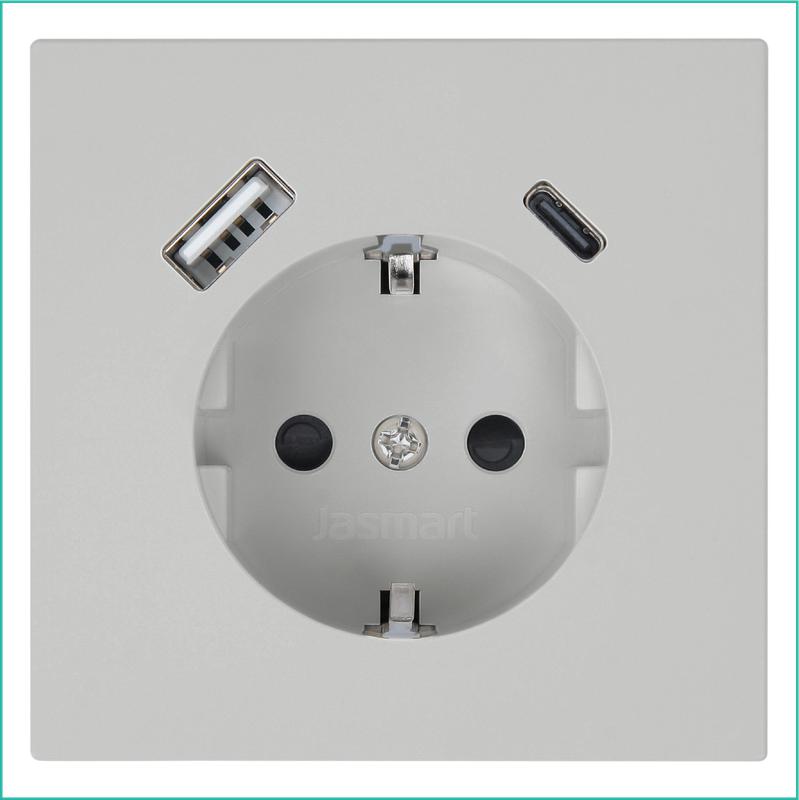 Розетка СП FD Shuko 16А с заземл. защ. шторки с 2-мя заряд. устр. USB тип A+C 25Вт механизм тауп матов. soft touch Jasmart FD5501USB-25PTM