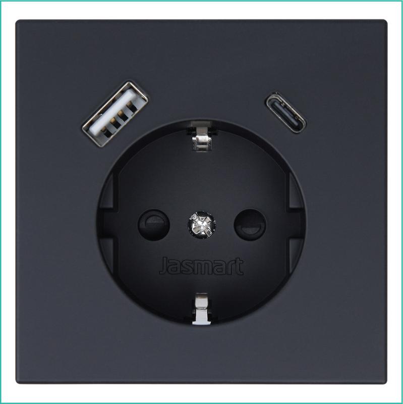 Розетка СП FD Shuko 16А с заземл. защ. шторки с 2-мя заряд. устр. USB тип A+C 25Вт механизм черн. матов. soft touch Jasmart FD5501USB-25PBM