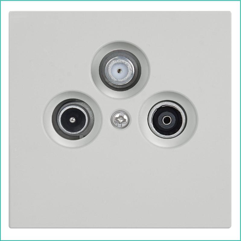 Розетка телевизионная проходная TV + FM + SAT 3-м СП FD Ф9.5мм с накладкой механизм тауп матов. soft touch Jasmart FD6207PTM