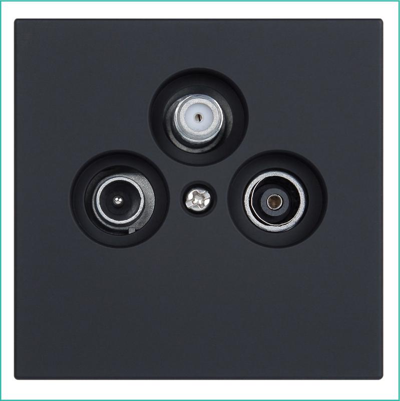 Розетка телевизионная проходная TV + FM + SAT 3-м СП FD Ф9.5мм с накладкой механизм черн. матов. soft touch Jasmart FD6207PBM