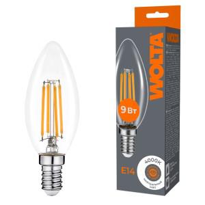 Лампа светодиодная Filament C35 9Вт свеча прозрачная 4000К E14 810лм WOLTA WF-C35-9W4KE14