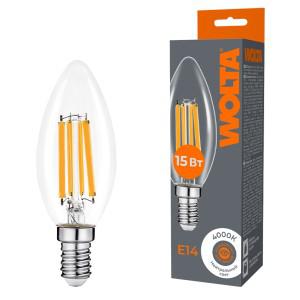 Лампа светодиодная Filament C35 15Вт свеча прозрачная 4000К E14 1200лм WOLTA WF-C35-15W4KE14