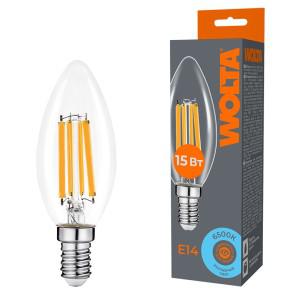 Лампа светодиодная Filament C35 15Вт свеча прозрачная 6500К E14 1200лм WOLTA WF-C35-15W6KE14