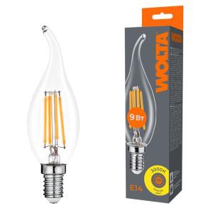 Лампа светодиодная Filament CT35 9Вт свеча на ветру прозрачная 3000К E14 810лм WOLTA WF-CT35-9W3KE14