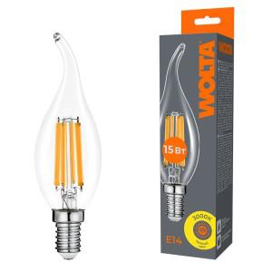 Лампа светодиодная Filament CT35 15Вт свеча на ветру прозрачная 3000К E14 1200лм WOLTA WF-CT35-15W3KE14