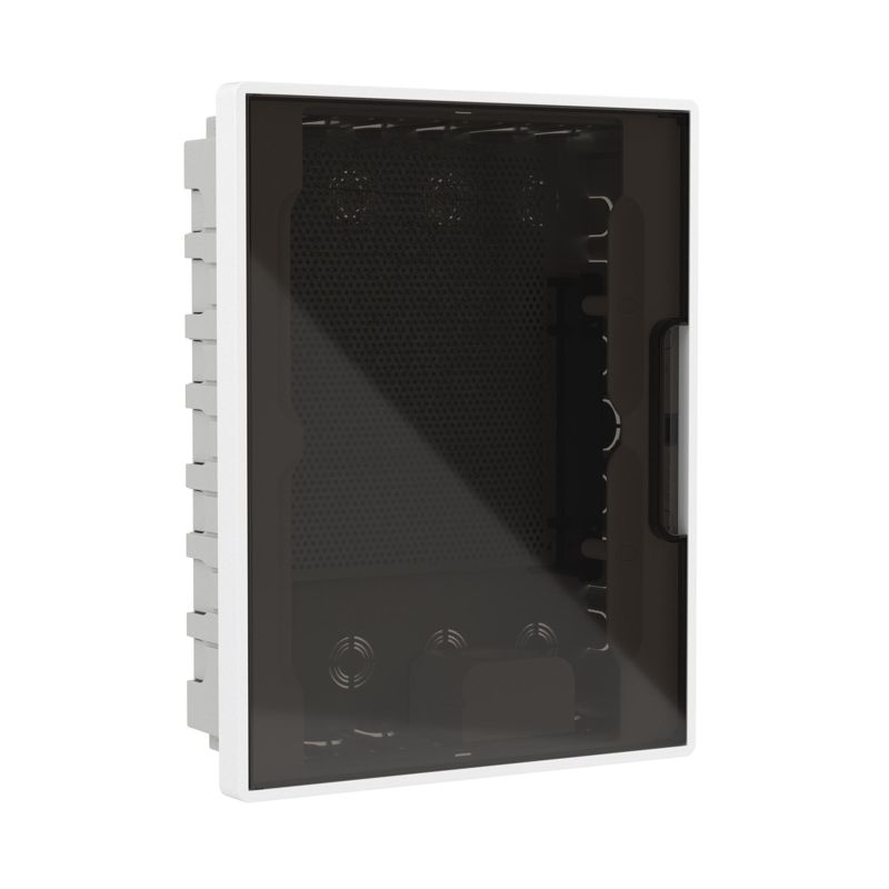 Щиток встраиваемый FRAME 24мод. для полых стен слаботочный с тонированной дверцей с монтажн. платой в комплекте с 1 розеткой Viva (арт. 45005) и 1 коробкой PDD (арт. 10033) бел. DKC F24B5WD