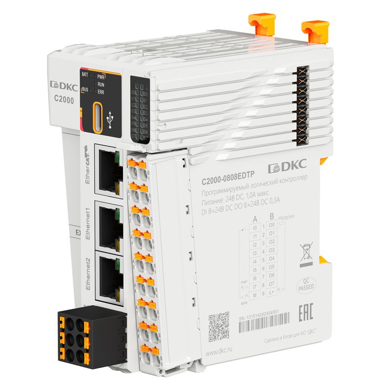 Модуль процессорный программируемого логического контроллера C2000 24В DC; 8 DI - 24В DC; 8 DO - 24В DC(PNP); 1хRS485; 2хEthernet; 1хEtherCAT; 1хType-C; 2 модуля расширения моноблока (BD) DKC C2000-0808EDTP
