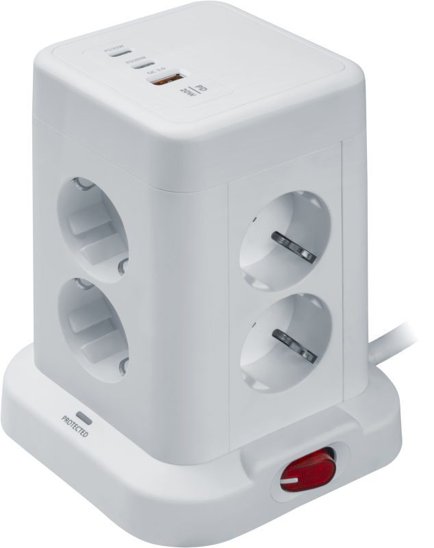 Фильтр сетевой (башенка) 8х1.8м с заземл. 16А IP20 95 684 NSP-USB-08-180-ESC-3x1-PD20W + USB type-A + 2хUSB type-C с выкл. бел. NAVIGATOR 95684