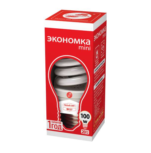 Лампа люминесцентная компакт. SPC 20Вт E27 спиральная 4000К T2 ЭКОНОМКА LKsmT2SPC20wE2742eco