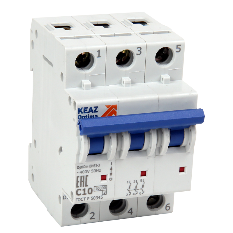 Выключатель автоматический модульный 3п C 16А 6кА OptiDin BM63-3C16-ОМ4-РЕГ КЭАЗ 233892