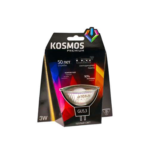 Лампа светодиодная KOSMOS premium MR16/ст. 3Вт 12В GU5.3 3000К Космос KLED3wMR16GU5.312v27