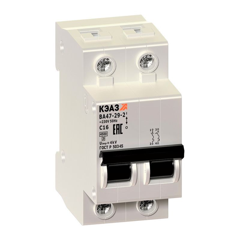 Выключатель автоматический модульный 2п C 1А 4.5кА ВА47-29-2C1-УХЛ3 КЭАЗ 253166