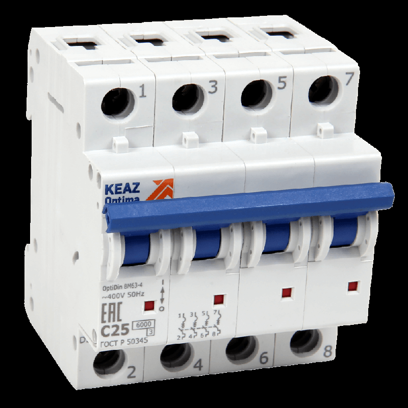 Выключатель автоматический модульный 4п C 2А 6кА OptiDin BM63-4NC2-ОМ4-РЕГ КЭАЗ 281674