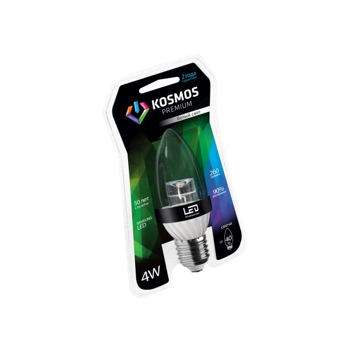 Лампа светодиодная KOSMOS premium 4Вт свеча прозрачная E27 230В 4500К Космос KLED4wCN230vE2745CL