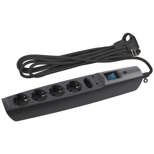 Удлинитель с сетевым фильтром 5х2м с заземл. 10А IP20 U-5es-2m-B 2хUSB ПВС 3х0.75 с выкл. защ. шторки черн. Эра C0043326