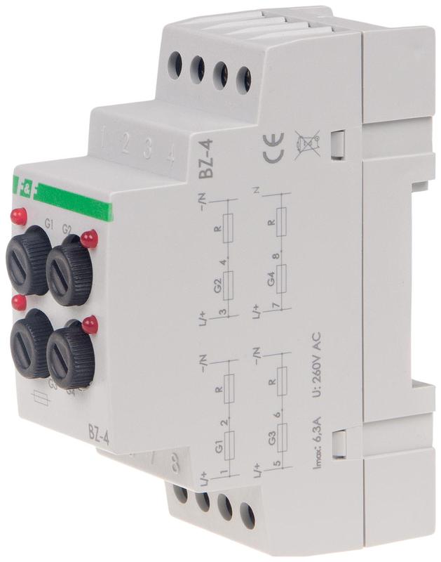 Блок защиты BZ-4 4 предохранителя для монтажа на DIN-рейке индикатор срабатывания 230В AC 0.5-6.3А F&F EA09.001.004