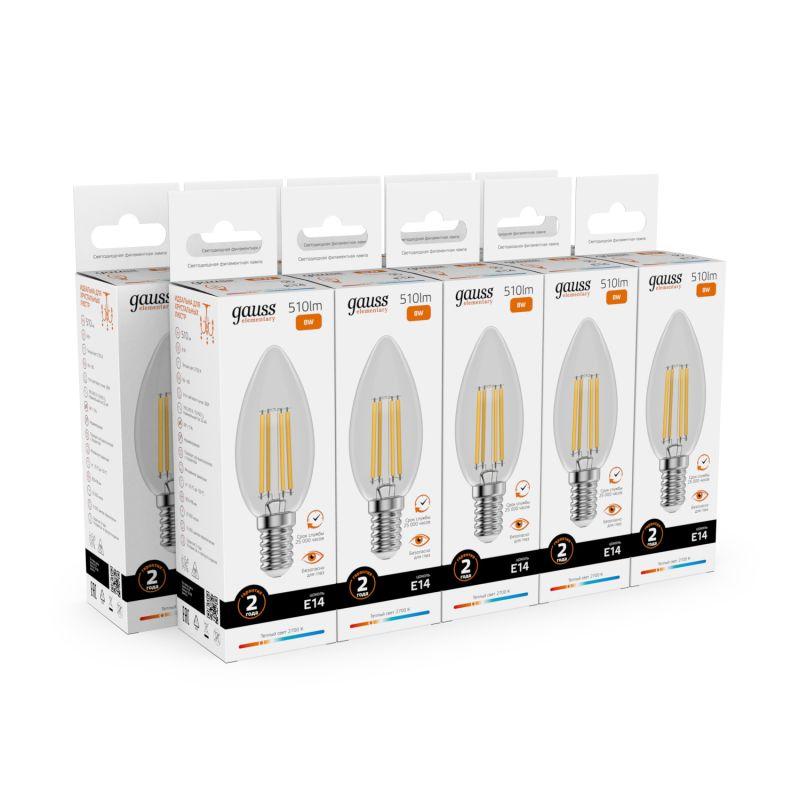 Лампа светодиодная филаментная Filament Elementary 8Вт свеча 2700К Е14 510лм GAUSS 32118