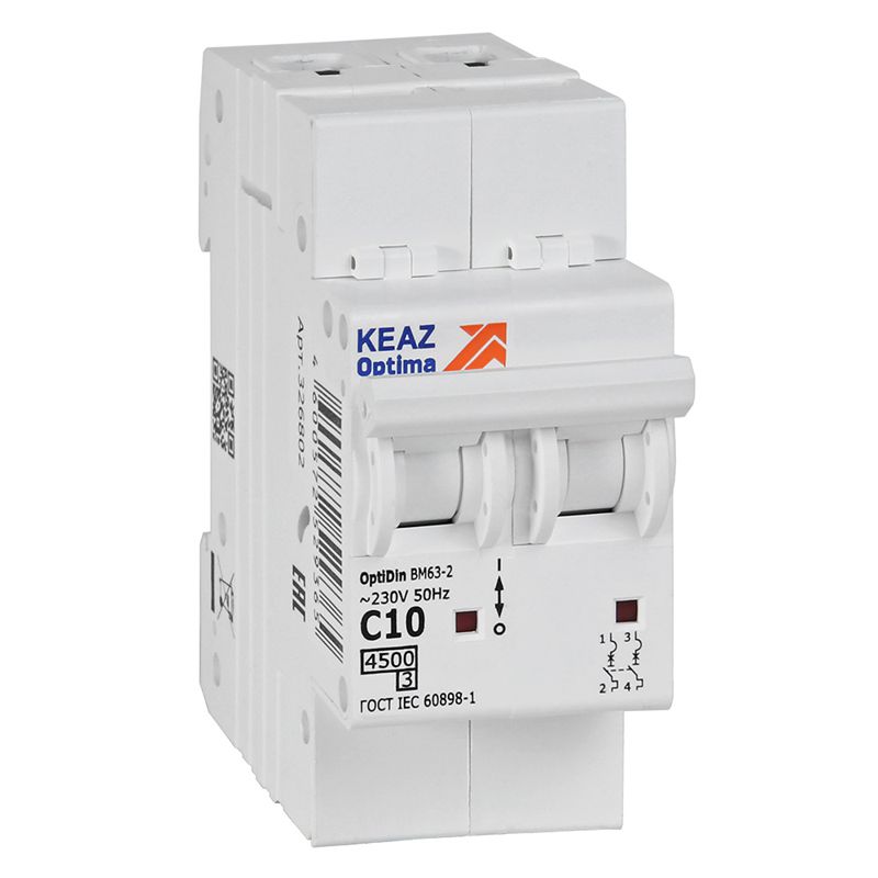 Выключатель автоматический модульный 2п C 10А 4.5кА OptiDin BM63-2C10-4.5-УХЛ3 КЭАЗ 326802