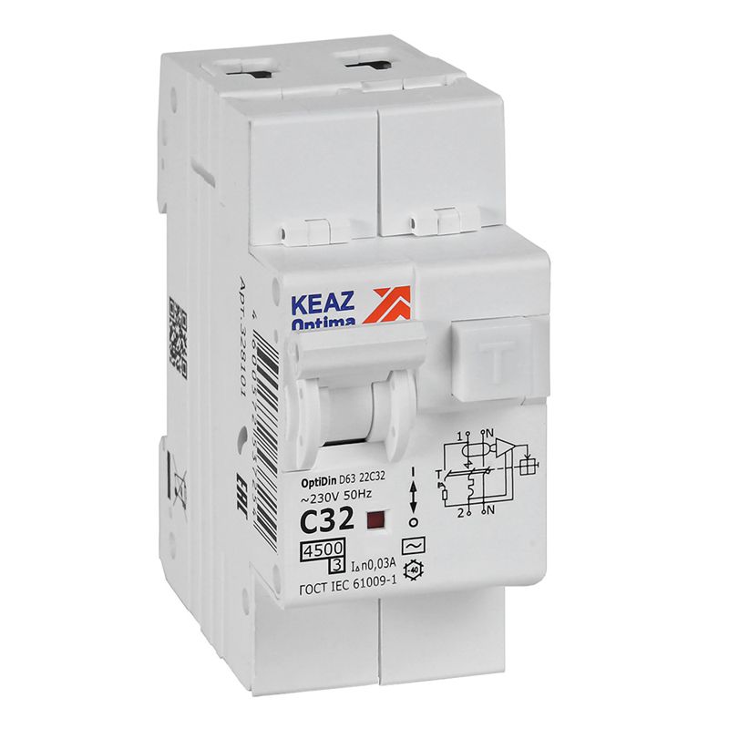 Выключатель автоматический дифференциального тока 2п C 32А 30мА тип AC 4.5кА OptiDin D63-22C32-AC-У3 с защитой от сверхтоков КЭАЗ 328101
