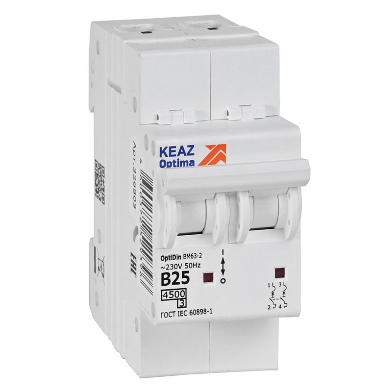 Выключатель автоматический модульный 2п B 25А 4.5кА OptiDin BM63-2B25-4.5-УХЛ3 КЭАЗ 329512