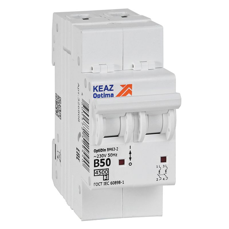 Выключатель автоматический модульный 2п B 50А 4.5кА OptiDin BM63-2B50-4.5-УХЛ3 КЭАЗ 329515