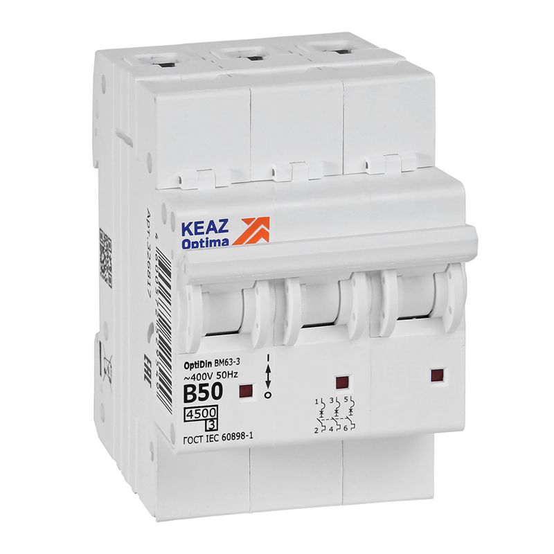 Выключатель автоматический модульный 3п B 50А OptiDin BM63-3B50-4.5-УХЛ3 КЭАЗ 329524