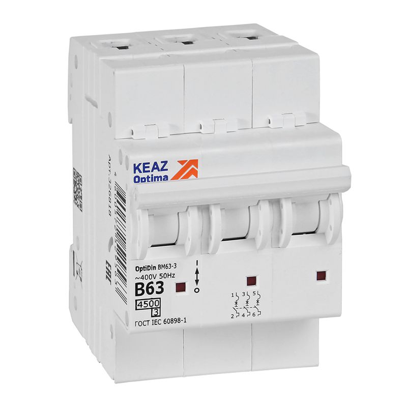Выключатель автоматический модульный 3п B 63А OptiDin BM63-3B63-4.5-УХЛ3 КЭАЗ 329525