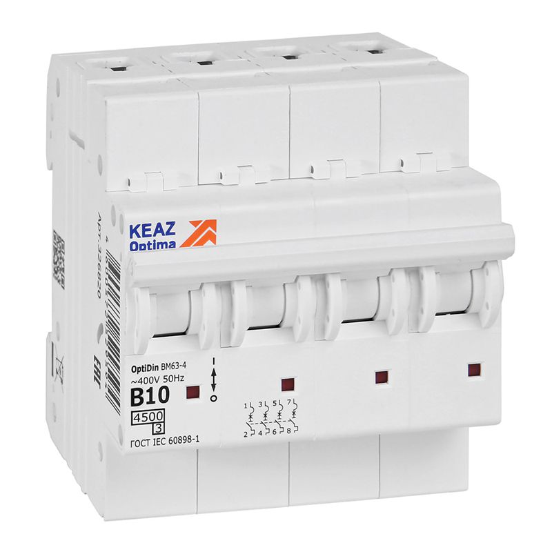 Выключатель автоматический модульный 4п B 10А OptiDin BM63-4B10-4.5-УХЛ3 КЭАЗ 329527