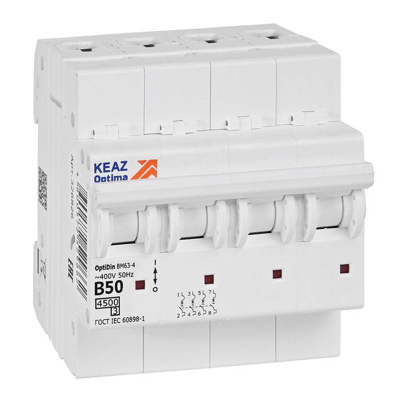 Выключатель автоматический модульный 4п B 50А OptiDin BM63-4B50-4.5-УХЛ3 КЭАЗ 329533