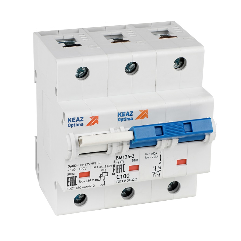 Выключатель автоматический модульный 2п C 100А 10кА OptiDin BM125-2NC100-НР-8ln-УХЛ3 с независимым расцепителем КЭАЗ 336373