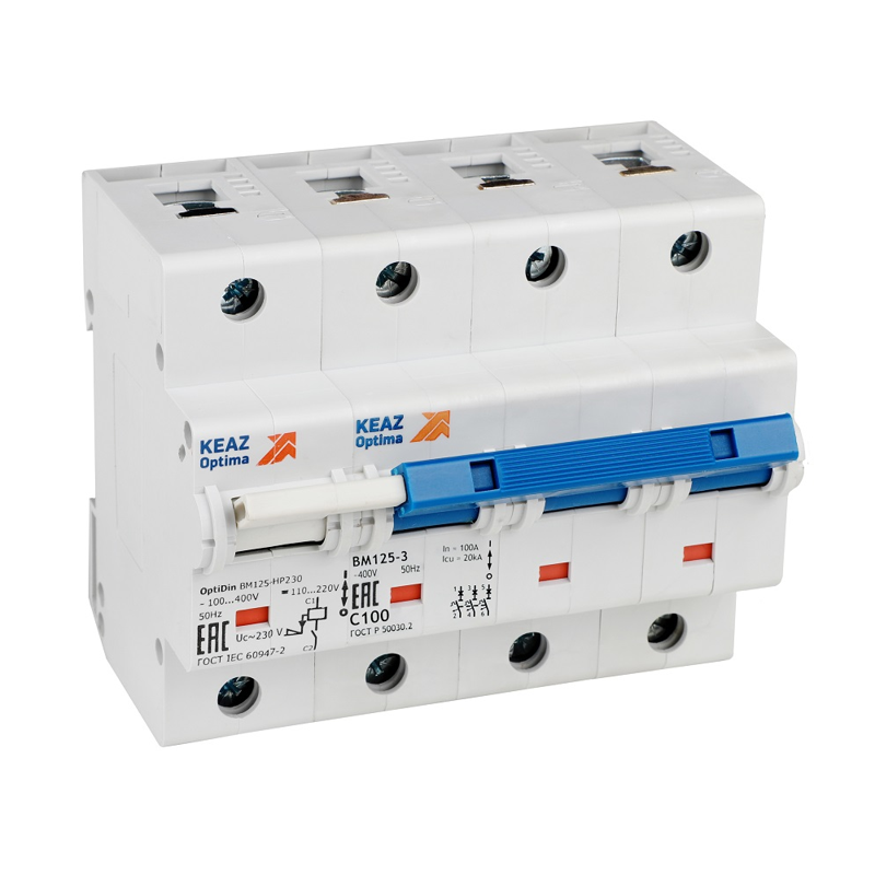 Выключатель автоматический модульный 3п C 100А 10кА OptiDin BM125-3C100-НР-8ln-УХЛ3 с независимым расцепителем КЭАЗ 336378