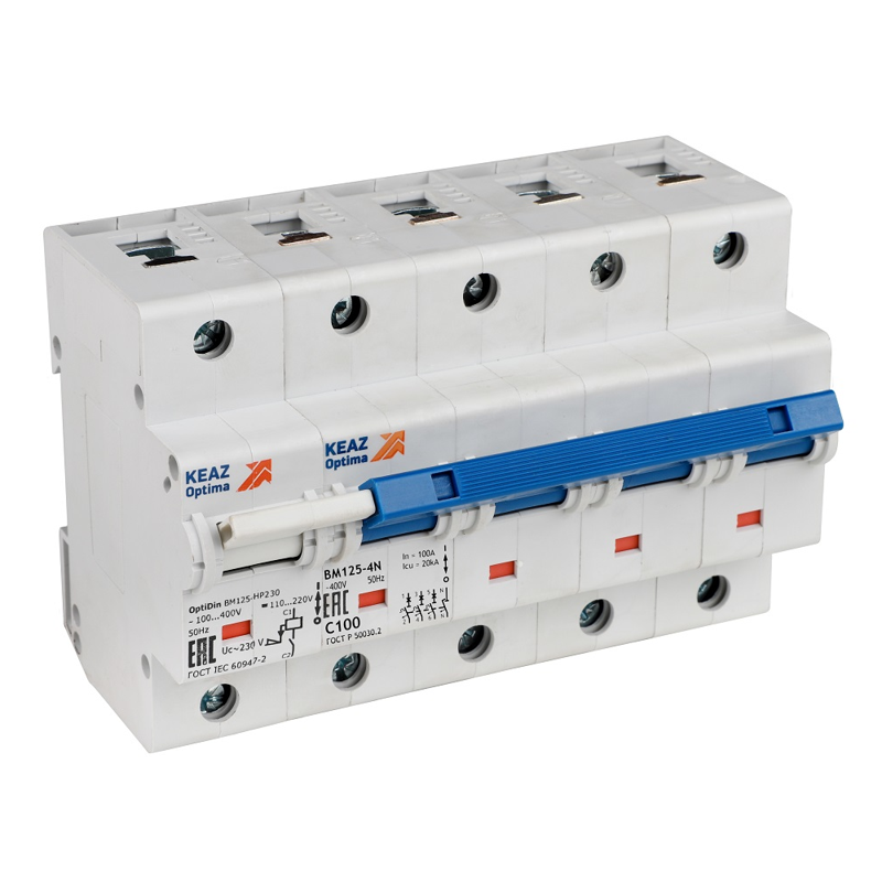 Выключатель автоматический модульный 4п C 100А 10кА OptiDin BM125-4NC100-НР-8ln-УХЛ3 с независимым расцепителем КЭАЗ 336383